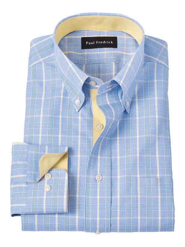 Non-Iron Cotton Glen Plaid Dress Shirt With Contrast Trim - Blue sold by Paul Fredrick