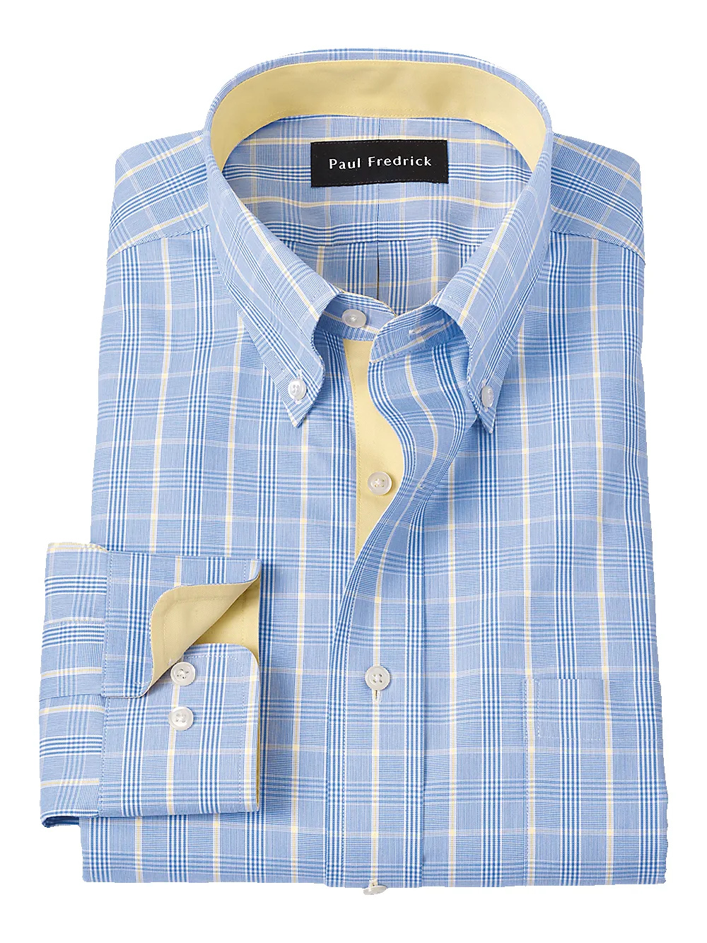 Non-Iron Cotton Glen Plaid Dress Shirt With Contrast Trim - Blue sold by Paul Fredrick