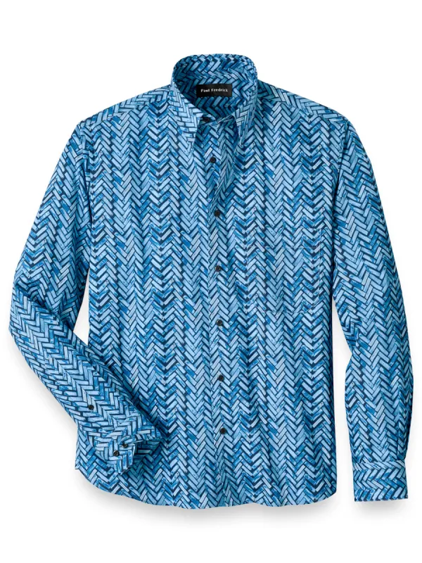 Cotton Herringbone Print Casual Shirt sold by Paul Fredrick
