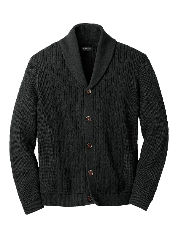 COTTON CABLE BUTTON FRONT CARDIGAN SWEATER - Black sold by Paul Fredrick