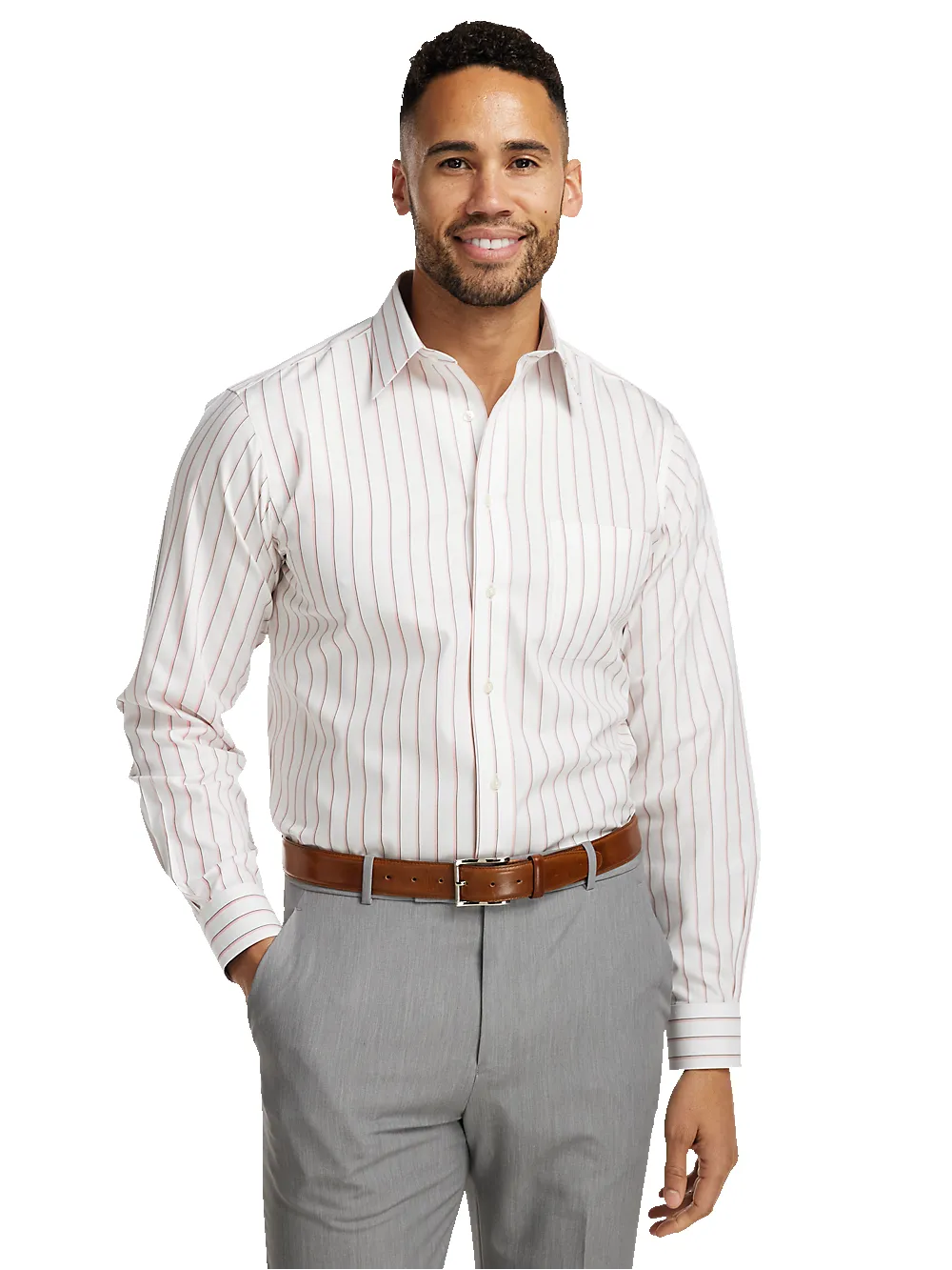 Non-Iron Cotton Stripe Dress Shirt With Contrast Trim - Coral/black sold by Paul Fredrick product image thumbnail 2