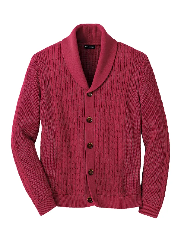COTTON CABLE BUTTON FRONT CARDIGAN SWEATER - Burgundy sold by Paul Fredrick