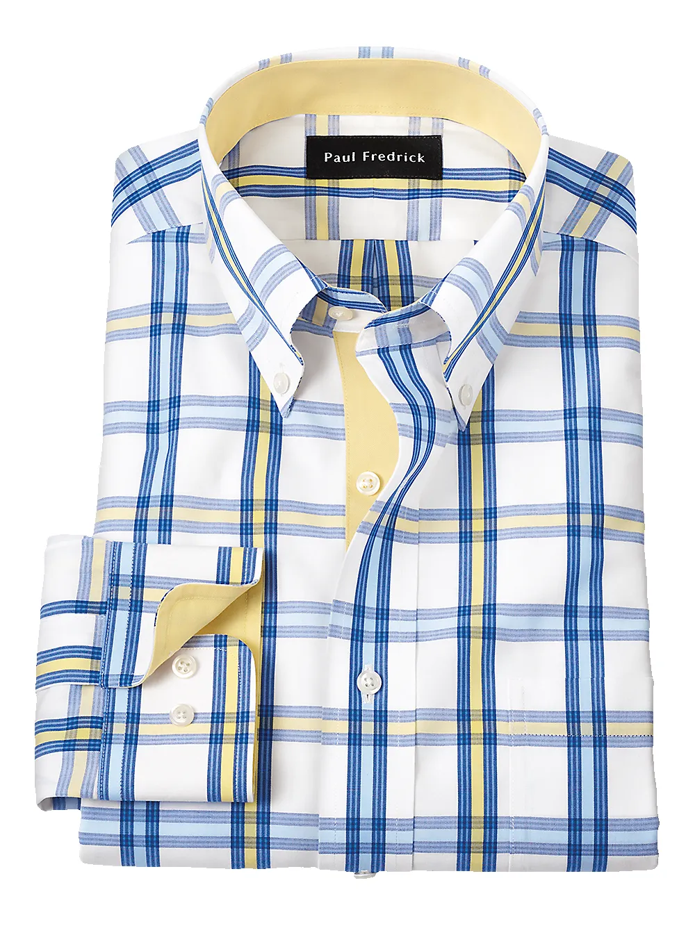 Non-Iron Cotton Windowpane Dress Shirt With Contrast Trim - Blue/yellow sold by Paul Fredrick