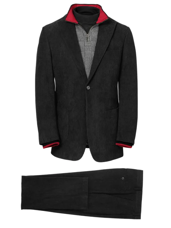 Corduroy Single Breasted Peak Lapel Suit - Black made by Paul Fredrick