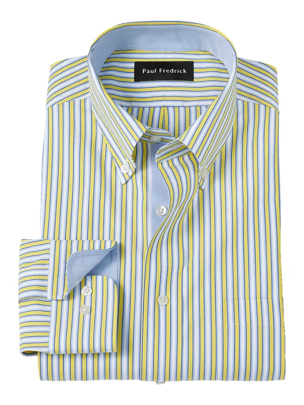 Non-Iron Cotton Stripe Dress Shirt With Contrast Trim - Blue/yellow sold by Paul Fredrick