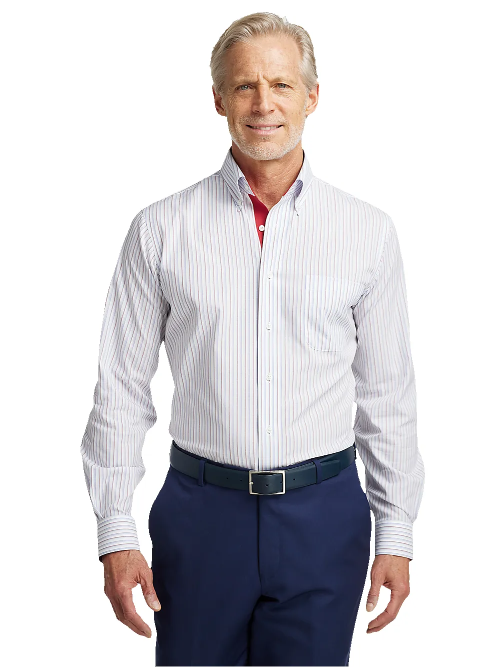 Non-Iron Cotton Stripe Dress Shirt With Contrast Trim - Blue/red sold by Paul Fredrick product image thumbnail 2