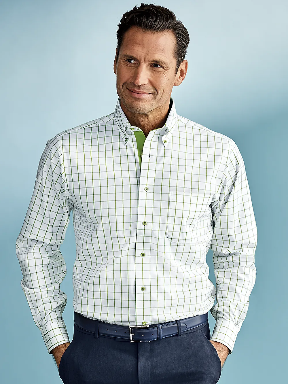 Comfort Stretch Non-Iron Check Dress Shirt With Contrast Trim - Green sold by Paul Fredrick product image thumbnail 2