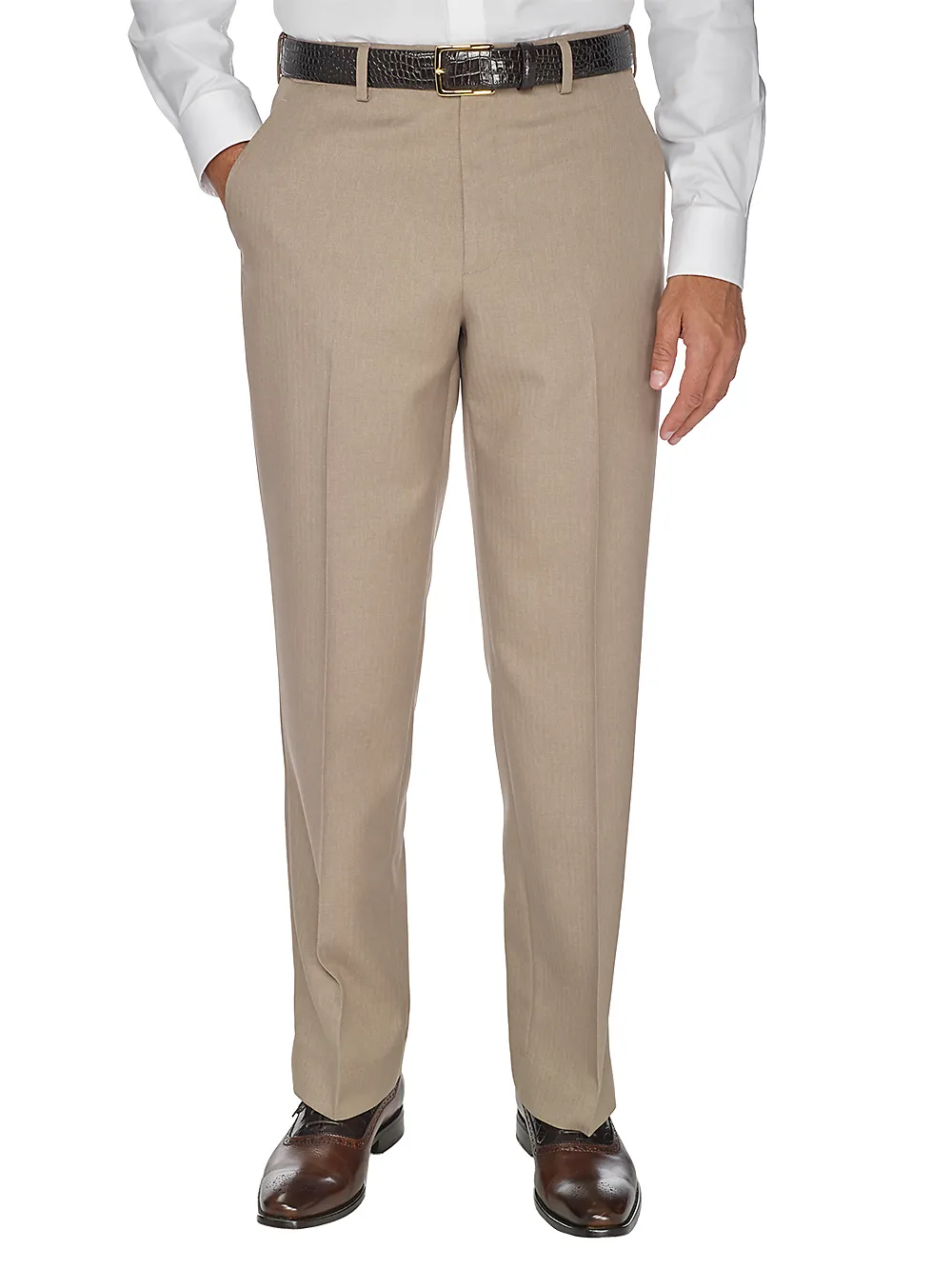 Comfort-Waist Microfiber Herringbone Flat Front Pant - Tan sold by Paul Fredrick