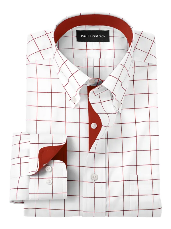 Non-Iron Cotton Windowpane Dress Shirt With Contrast Trim - Red sold by Paul Fredrick