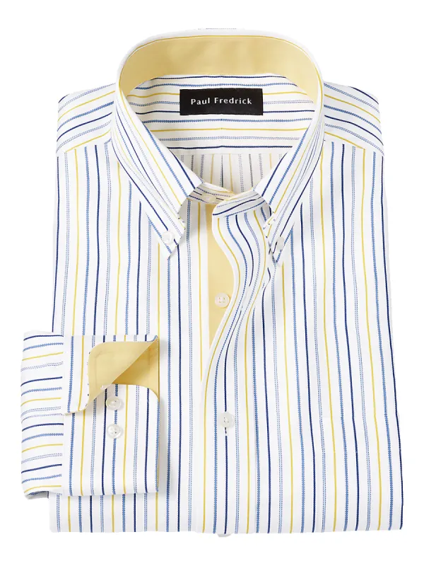 Non-Iron Cotton Stripe Dress Shirt With Contrast Trim - Blue/yellow sold by Paul Fredrick