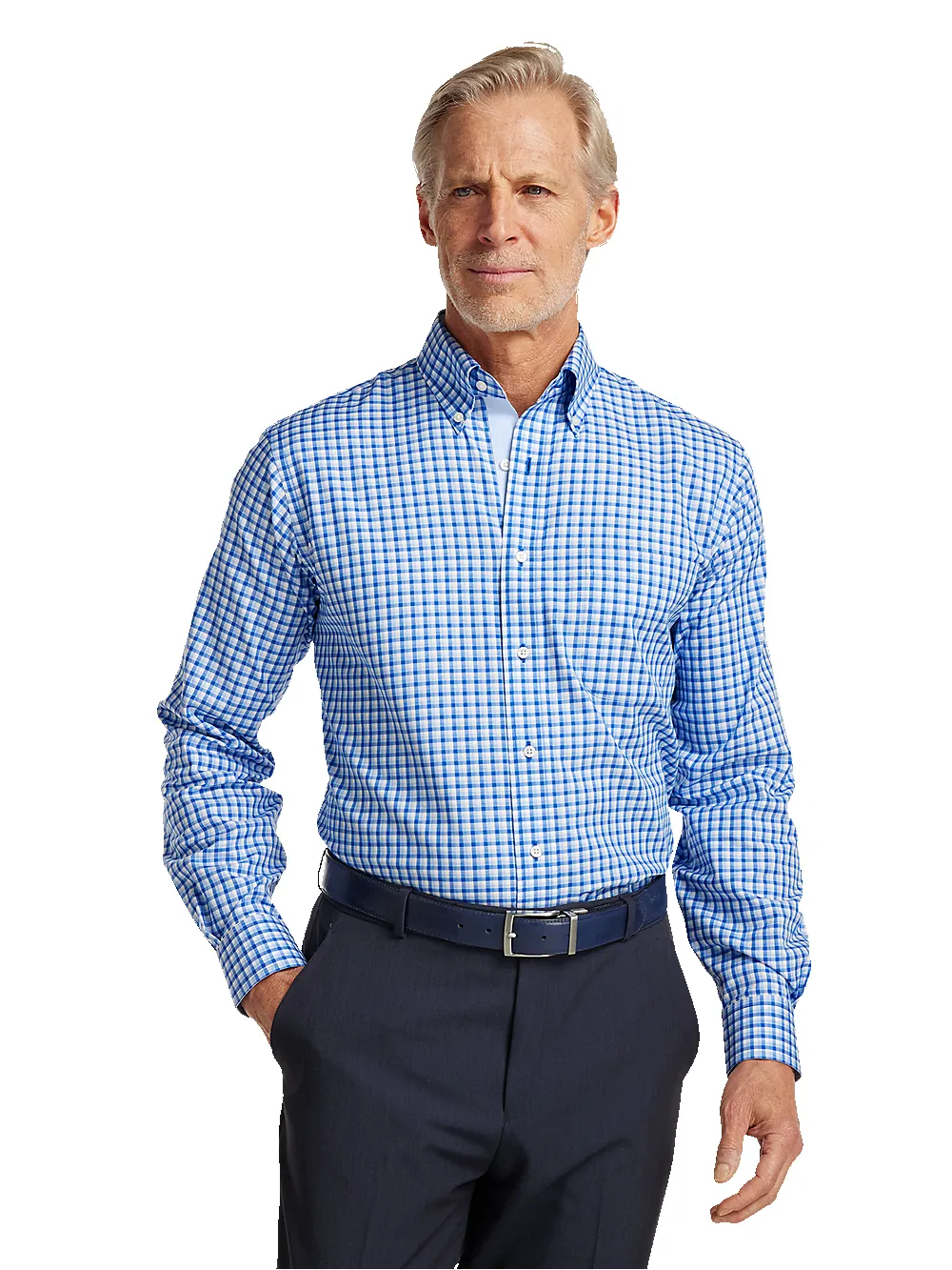 Non-Iron Cotton Gingham Dress Shirt With Contrast Trim - Blue sold by Paul Fredrick product image thumbnail 2