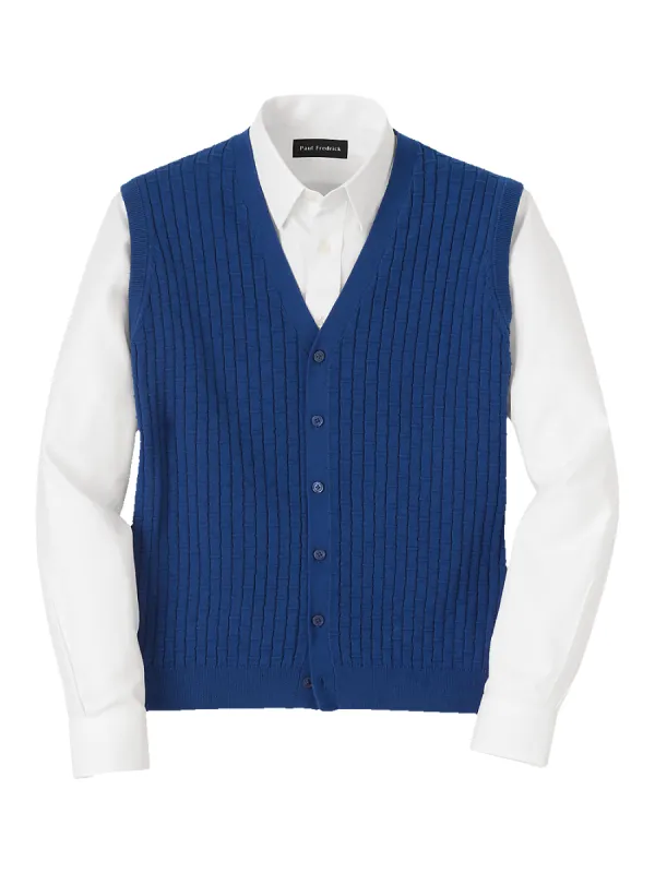 Cotton Button Front Cardigan Vest - Blue sold by Paul Fredrick