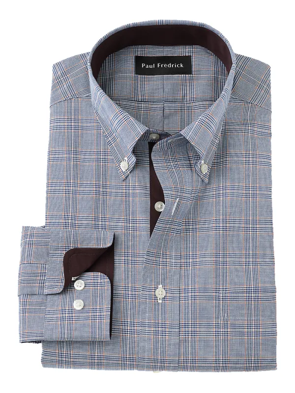 Non-Iron Cotton Glen Plaid Dress Shirt With Contrast Trim - Blue/brown sold by Paul Fredrick