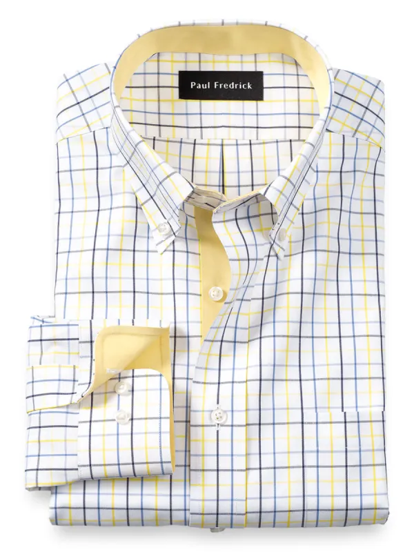 Non-Iron Cotton Tattersall Dress Shirt With Contrast Trim - Blue/yellow sold by Paul Fredrick