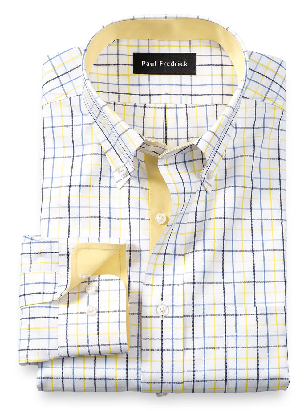 Non-Iron Cotton Tattersall Dress Shirt With Contrast Trim - Blue/yellow sold by Paul Fredrick