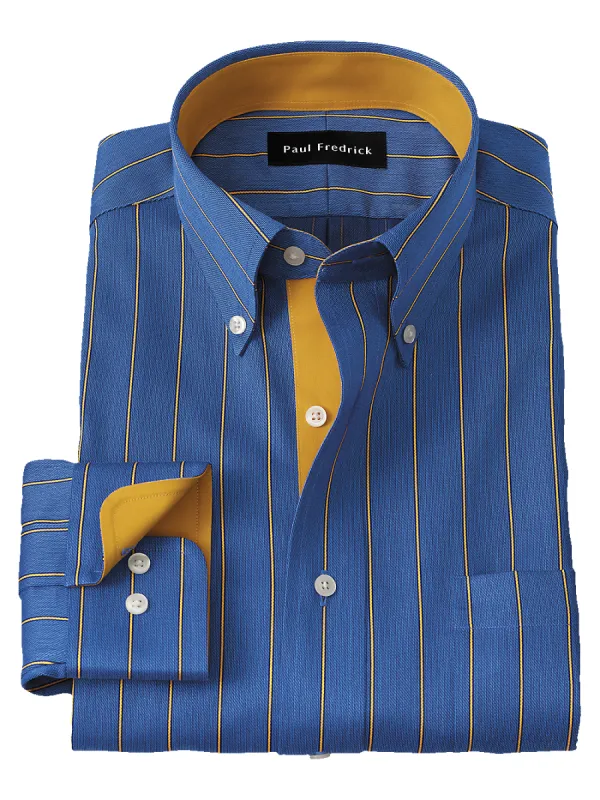 Non-Iron Cotton Stripe Dress Shirt With Contrast Trim - Navy/gold sold by Paul Fredrick