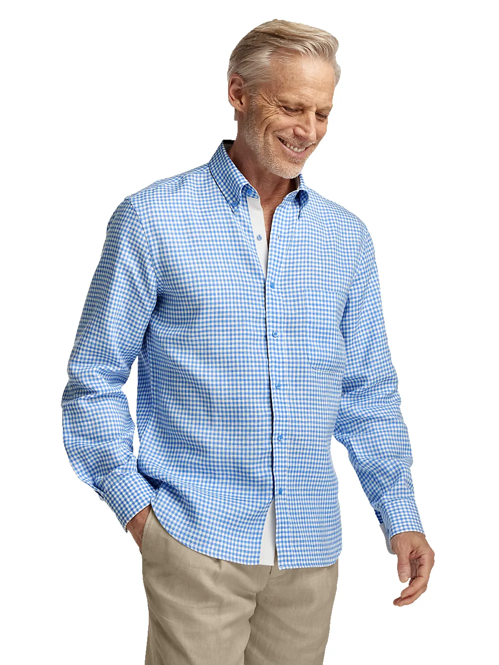 Linen Gingham Check Casual Shirt - Blue sold by Paul Fredrick product image thumbnail 2