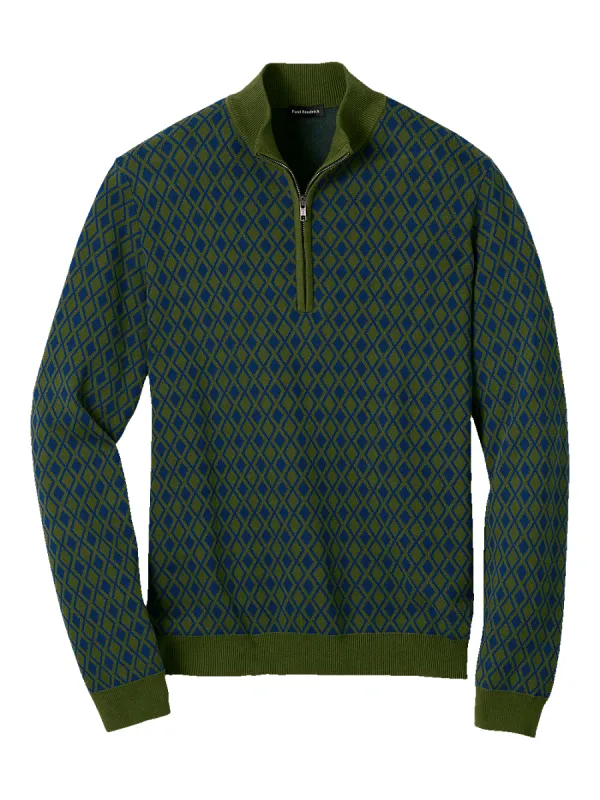 Cotton Quarter Zip Mock Neck Sweater - Olive sold by Paul Fredrick