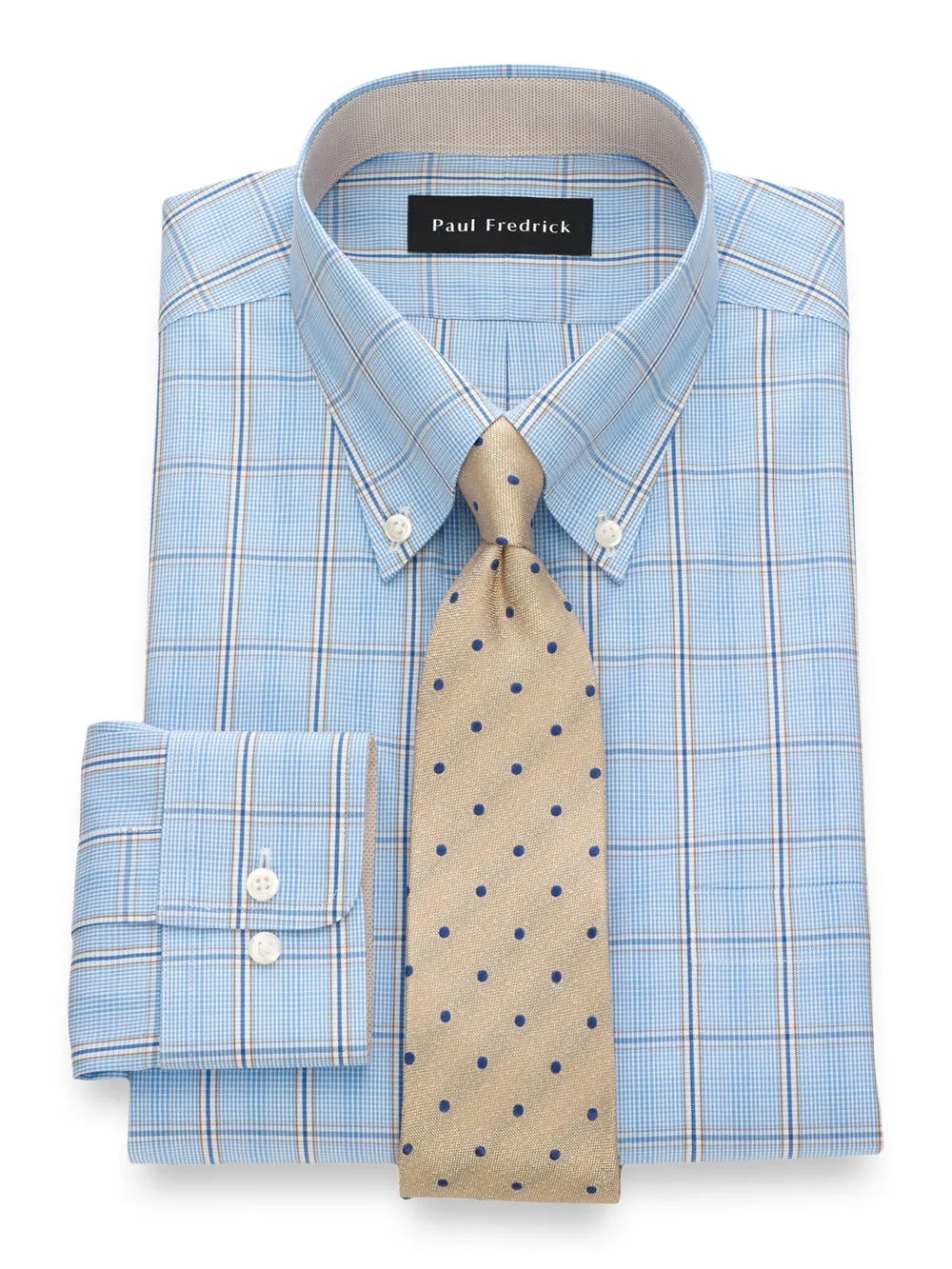 Non-Iron Cotton Pinpoint Glen Plaid Dress Shirt With Contrast Trim - Blue/orange sold by Paul Fredrick product image thumbnail 2