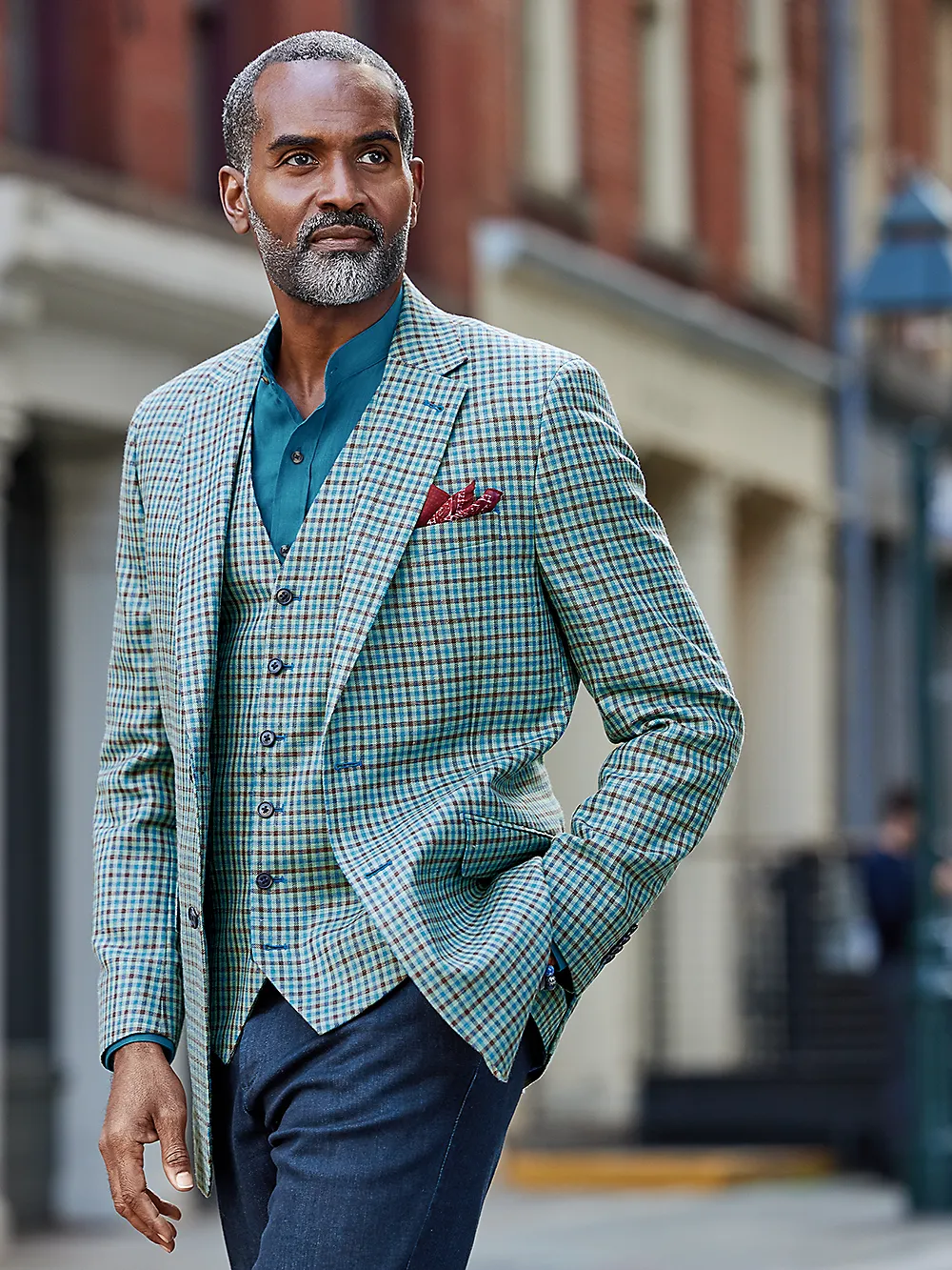 Wool Blend Check Six Button Vest - Blue/burgundy sold by Paul Fredrick product image thumbnail 2