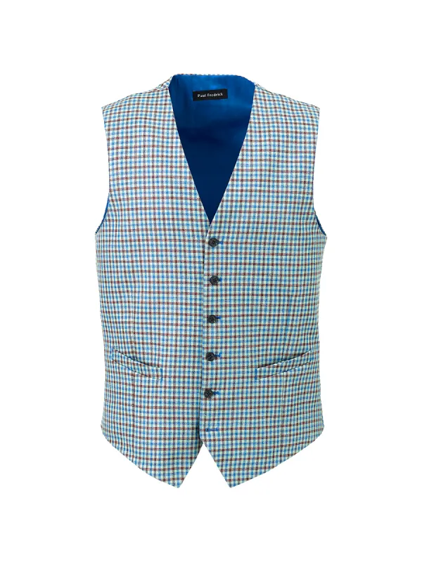 Wool Blend Check Six Button Vest - Blue/burgundy sold by Paul Fredrick