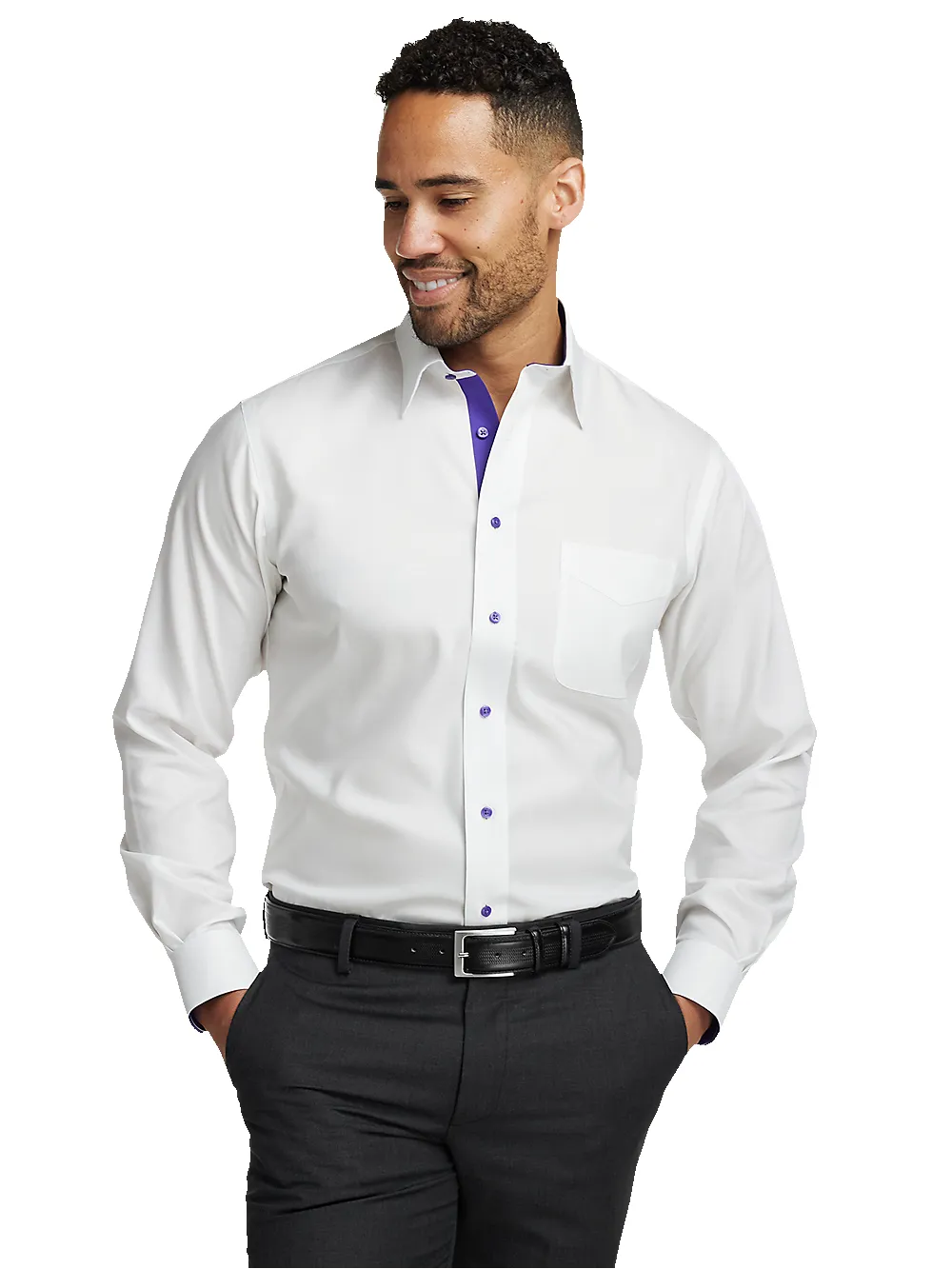 Comfort Stretch Non-Iron Solid Dress Shirt With Contrast Trim - White/purple sold by Paul Fredrick product image thumbnail 2
