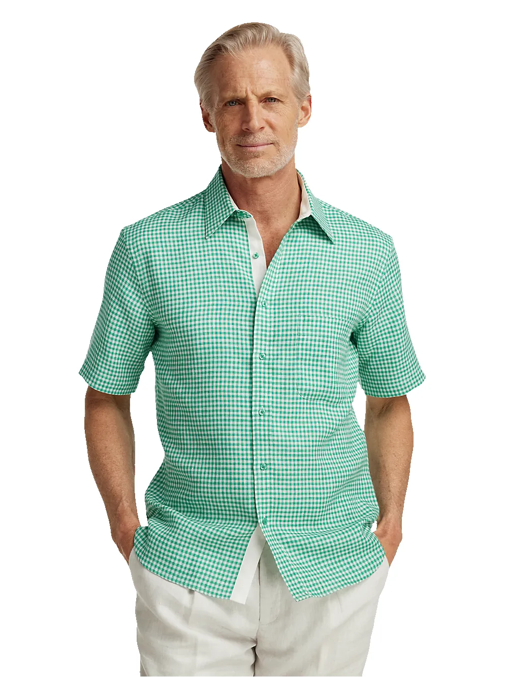 Linen Gingham Check Casual Shirt - Green sold by Paul Fredrick product image thumbnail 2