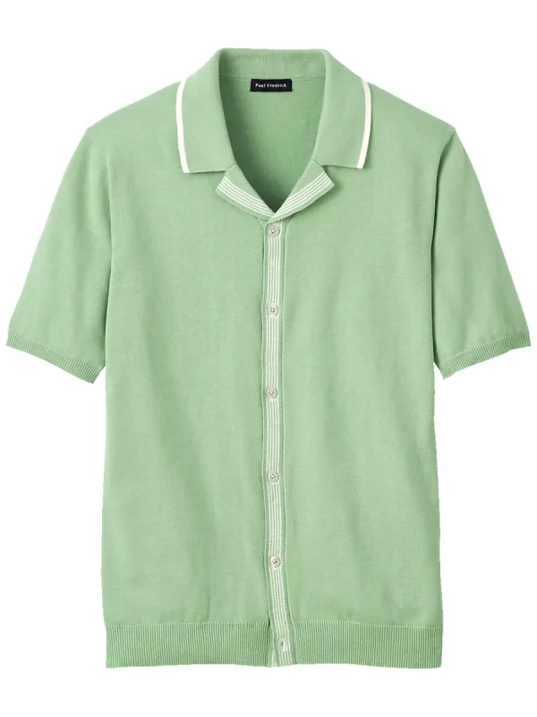 Cotton Button Front Camp Collar Sweater - Green sold by Paul Fredrick