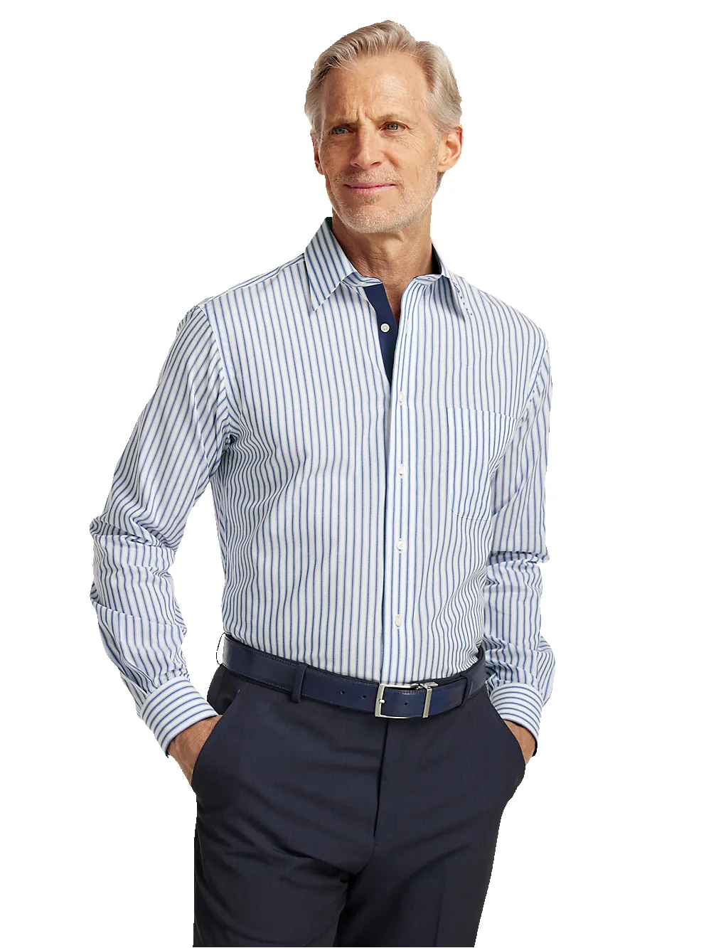 Non-Iron Cotton Stripe Dress Shirt With Contrast Trim - Blue sold by Paul Fredrick product image thumbnail 2