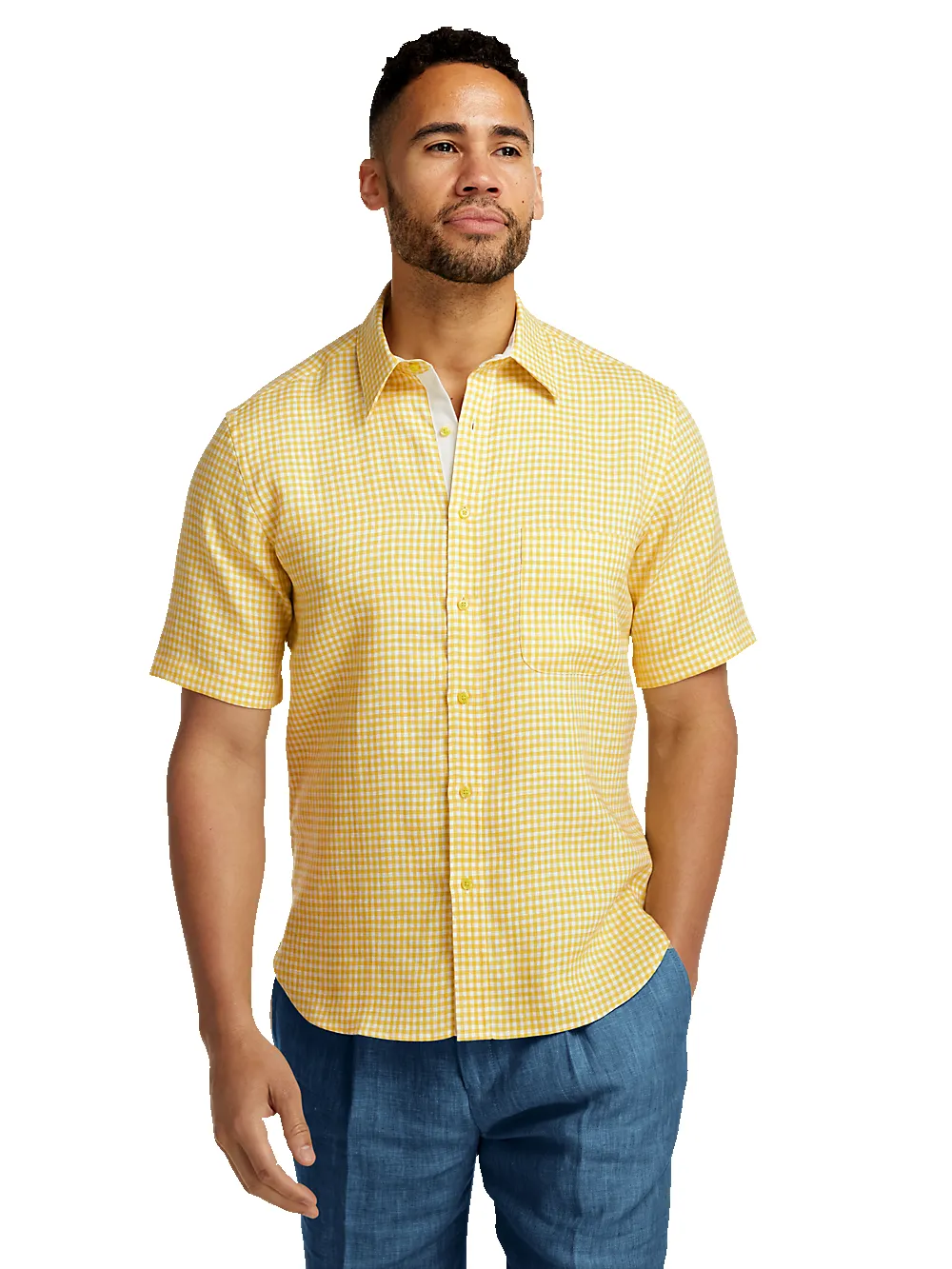 Linen Gingham Check Casual Shirt - Yellow sold by Paul Fredrick product image thumbnail 2