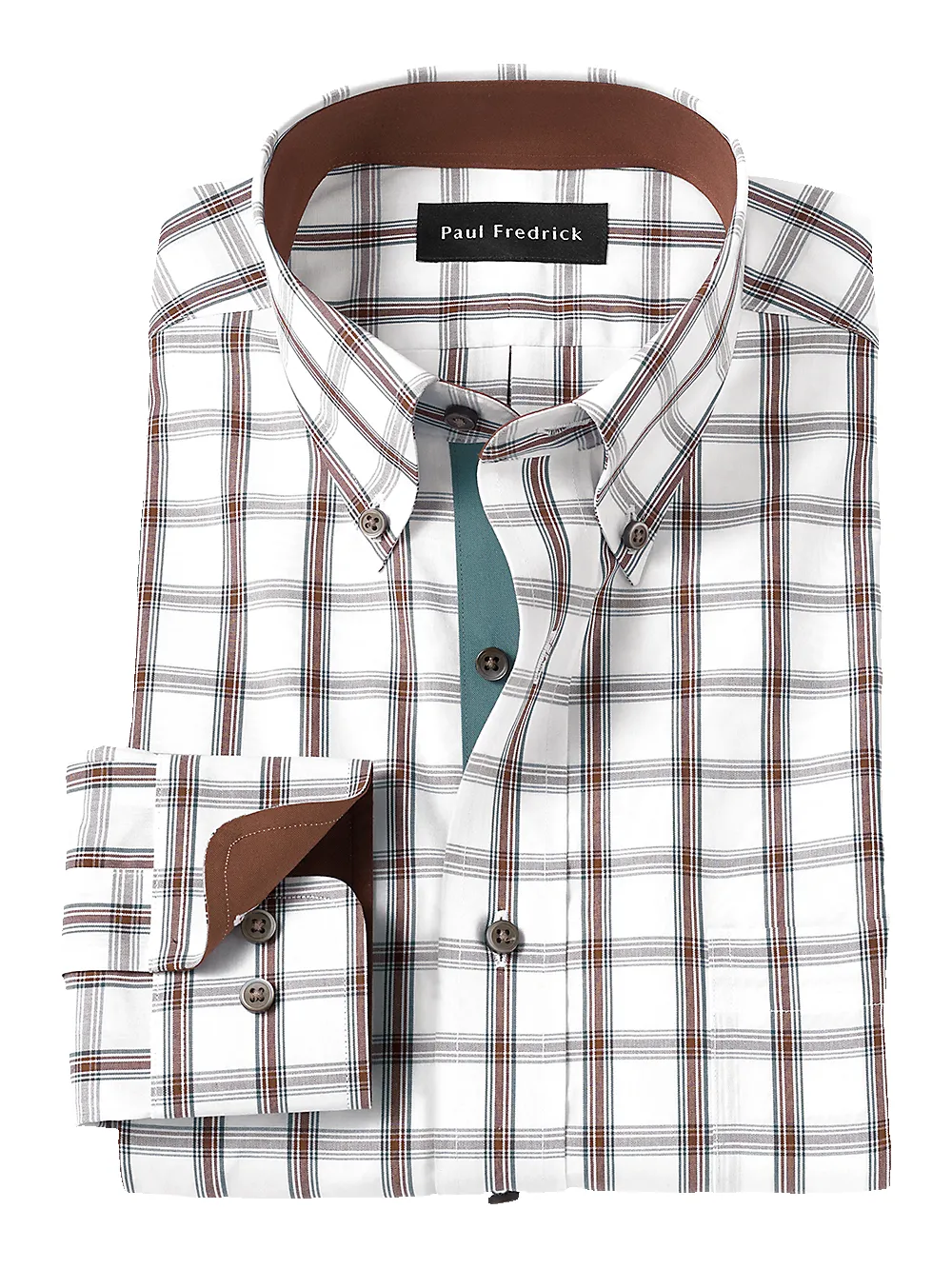 Non-Iron Cotton Windowpane Dress Shirt With Contrast Trim - Brown/pine sold by Paul Fredrick