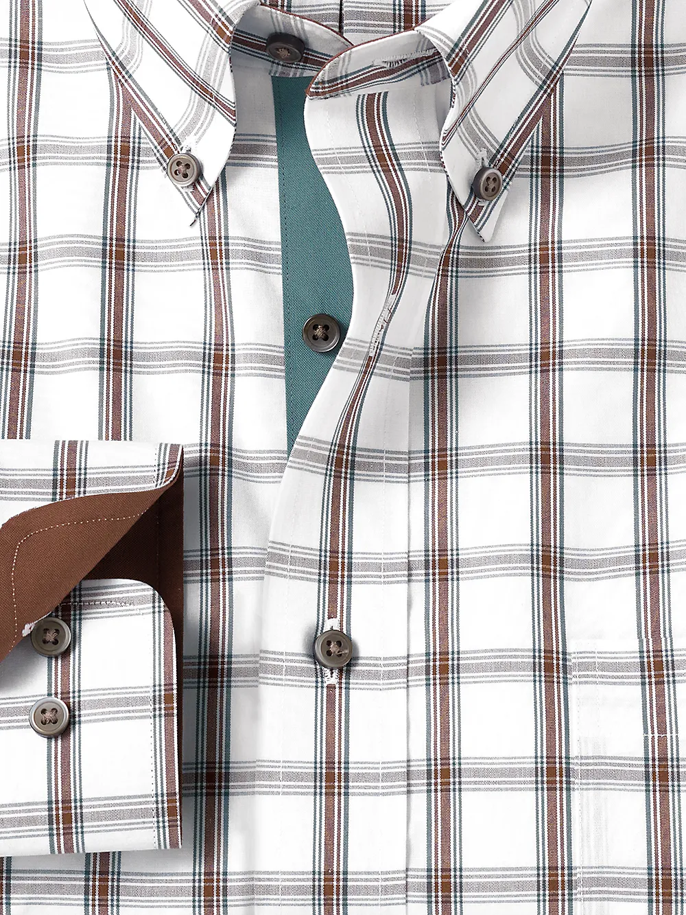Non-Iron Cotton Windowpane Dress Shirt With Contrast Trim - Brown/pine sold by Paul Fredrick product image thumbnail 2