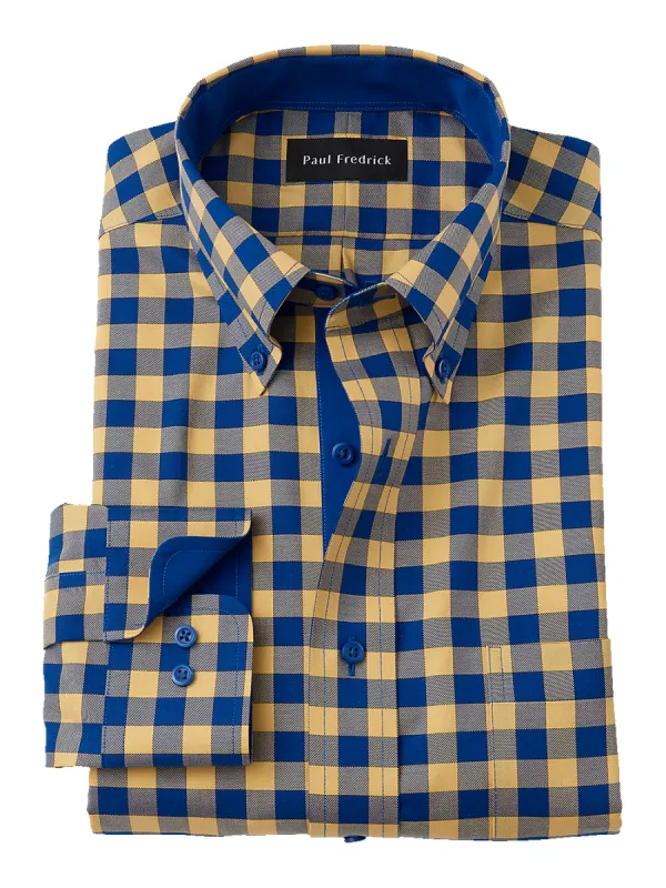Non-Iron Cotton Gingham Dress Shirt With Contrast Trim - Blue/yellow sold by Paul Fredrick