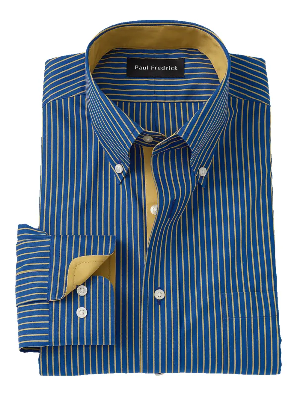 Non-Iron Cotton Stripe Dress Shirt With Contrast Trim - Navy/gold sold by Paul Fredrick