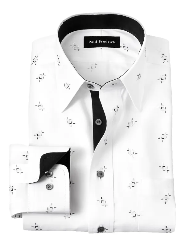 Non-Iron Cotton Houndstooth Print Dress Shirt With Contrast Trim - White sold by Paul Fredrick