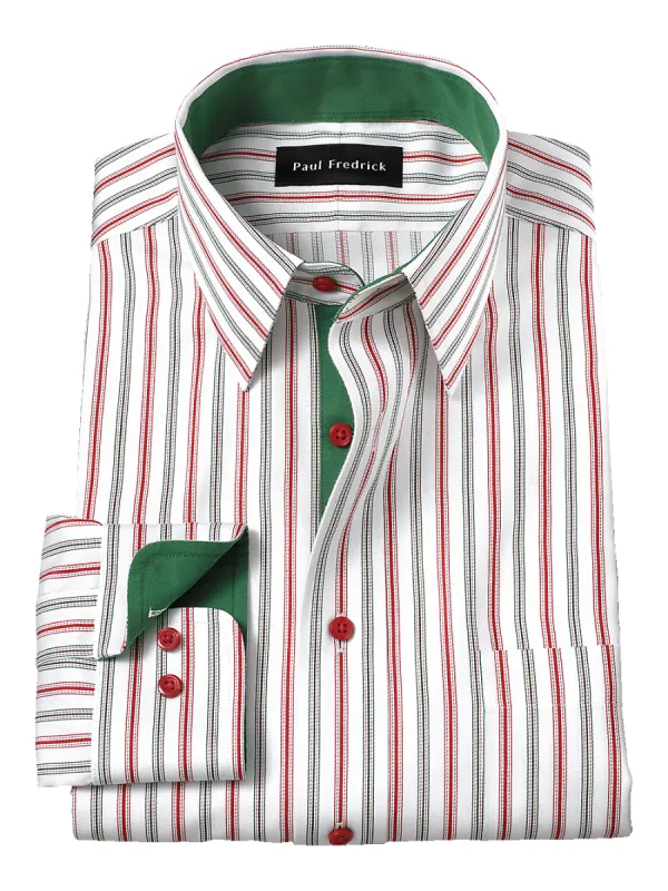 Non-Iron Cotton Stripe Dress Shirt With Contrast Trim - Red/green sold by Paul Fredrick