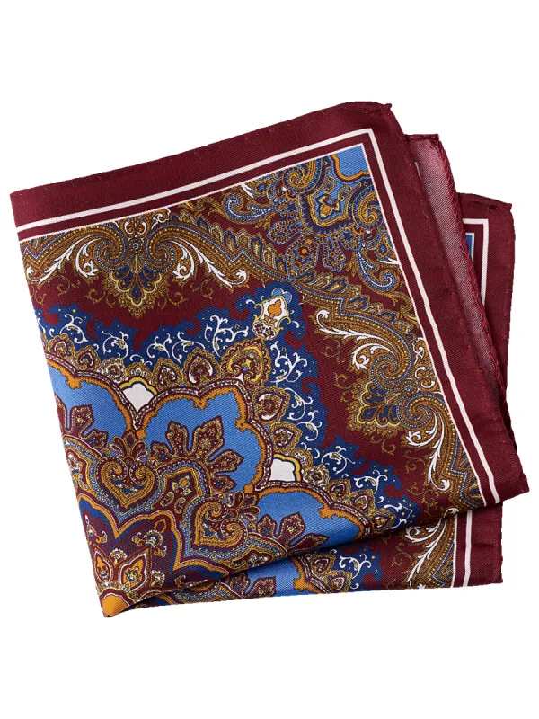 Medallion Silk Pocket Square - Burgundy Multi sold by Paul Fredrick
