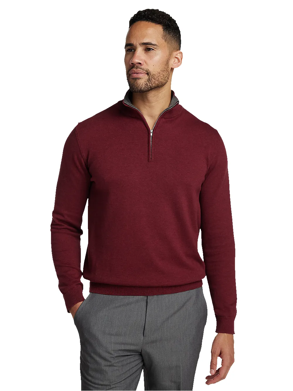 Supima Cotton Quarter Zip Mock Neck Sweater - Burgundy sold by Paul Fredrick product image thumbnail 2