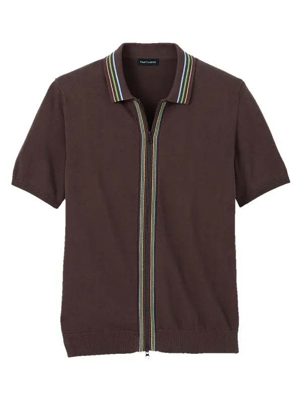 Cotton Full Zip Polo - Brown sold by Paul Fredrick