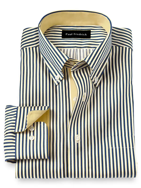 Non-Iron Cotton Framed Stripe Dress Shirt With Contrast Trim - Cobalt/yellow sold by Paul Fredrick