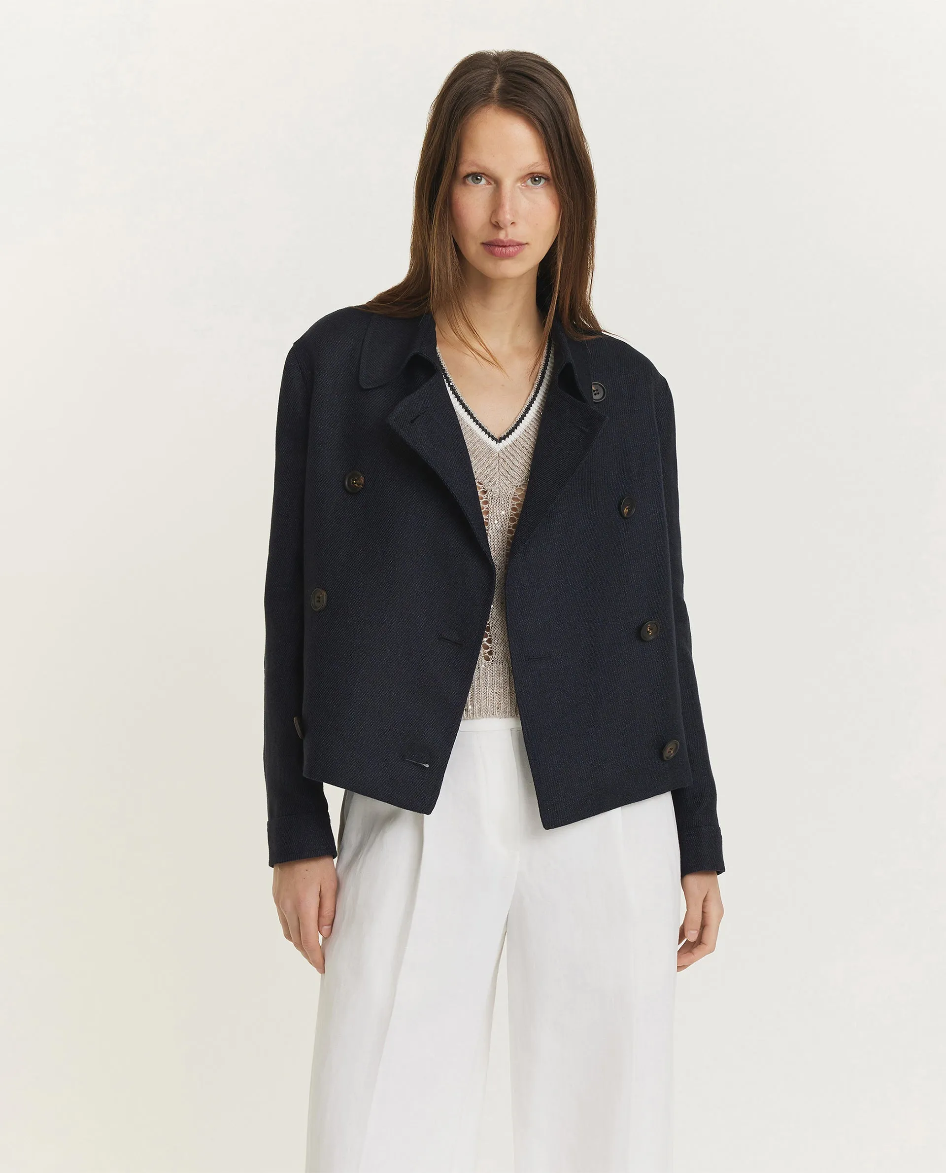 Double breasted linnen jasje - Blauw sold by Pauw Amsterdam