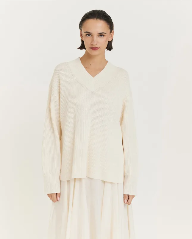 Katoen-linnen V-hals trui - Ecru sold by Pauw Amsterdam