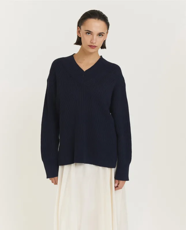 Katoen-linnen V-hals trui - Blauw sold by Pauw Amsterdam