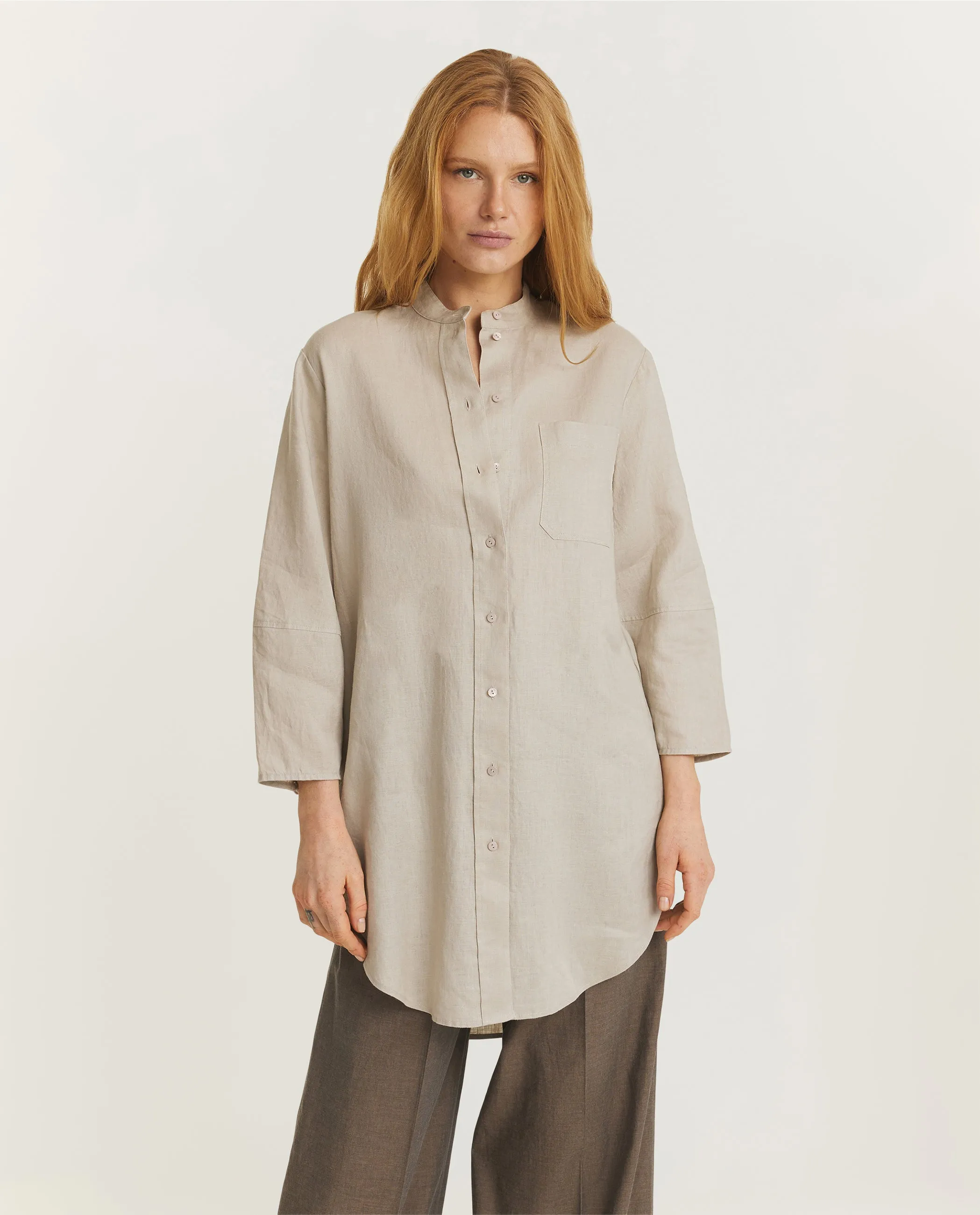 Linnen Mandarin Shirt - Lichtbruin sold by Pauw Amsterdam