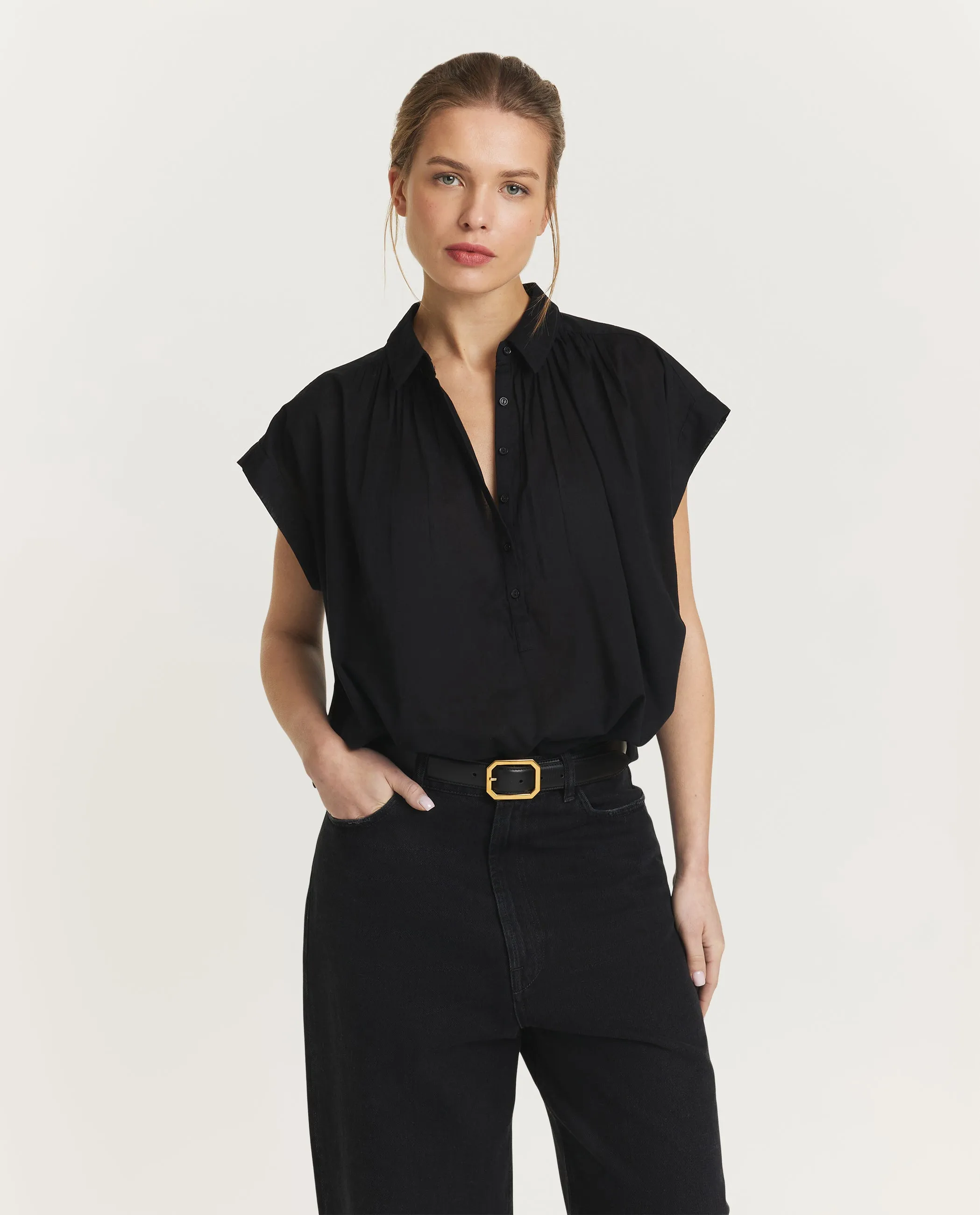 Geplooide Katoenen Blouse - Zwart sold by Pauw Amsterdam