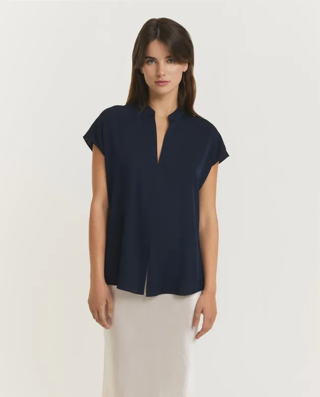 Stretch Silk Cap Sleeve Blouse - Donkerblauw sold by Pauw Amsterdam