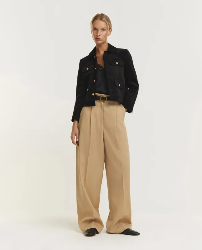 Wijde Wollen Bandplooi Broek - Lichtbruin sold by Pauw Amsterdam