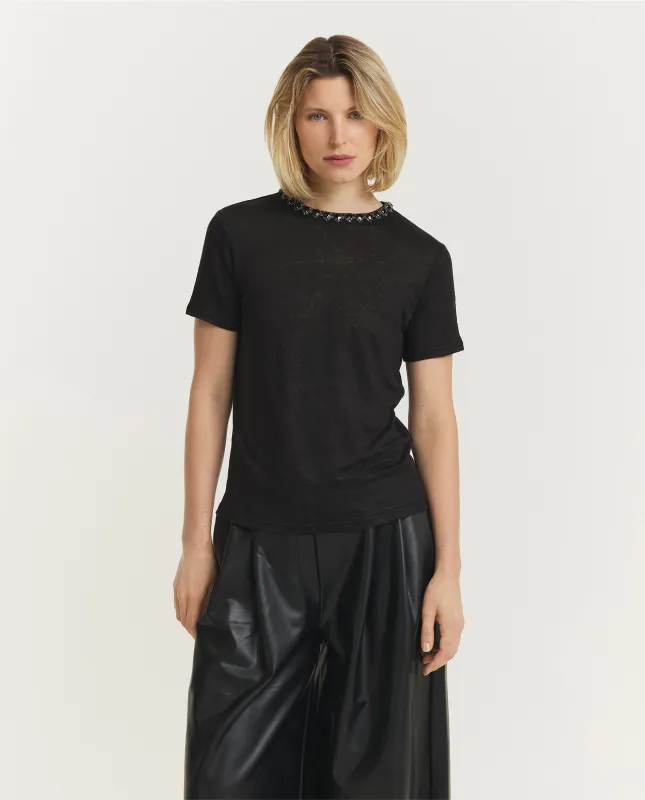 Linnen Embellished T-Shirt - Zwart sold by Pauw Amsterdam