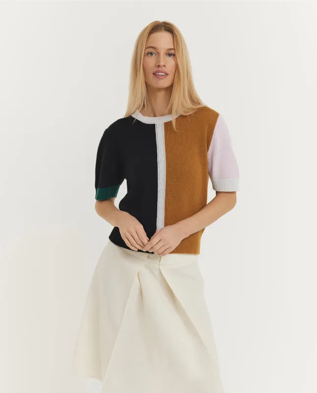Colourblock Shortsleeved Sweater - Lichtbruin sold by Pauw Amsterdam