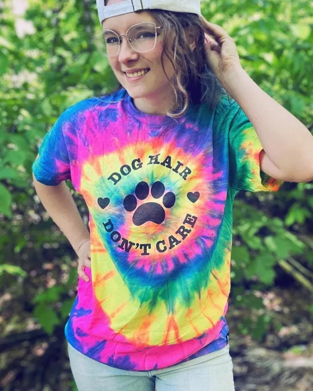 Dog Hair Don't Care Neon Rainbow Tie Dye Tee sold by PAWZ